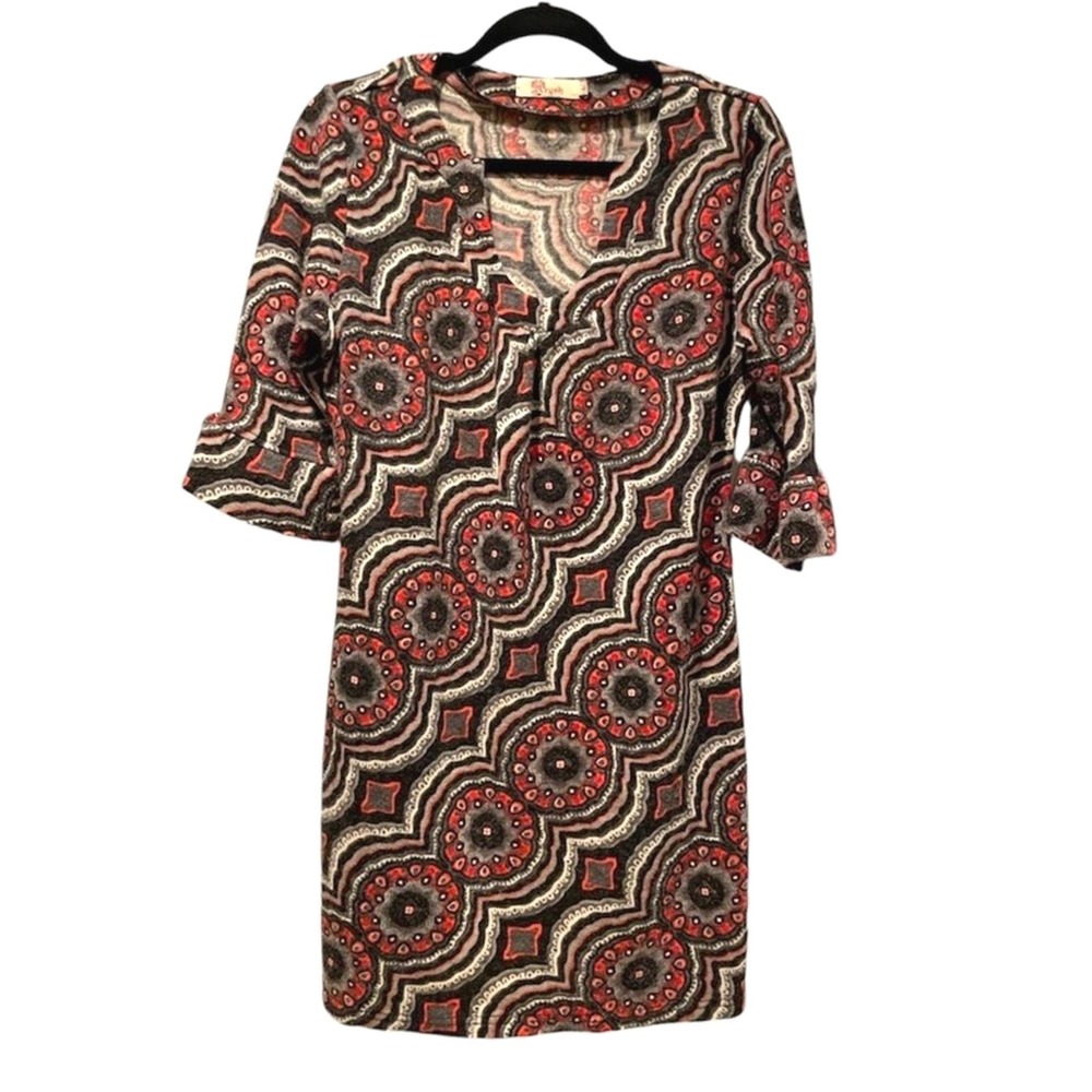 Aryeh Tunic Dress Red Black Geometric Boho Mod Bell Sleeve Womens Large